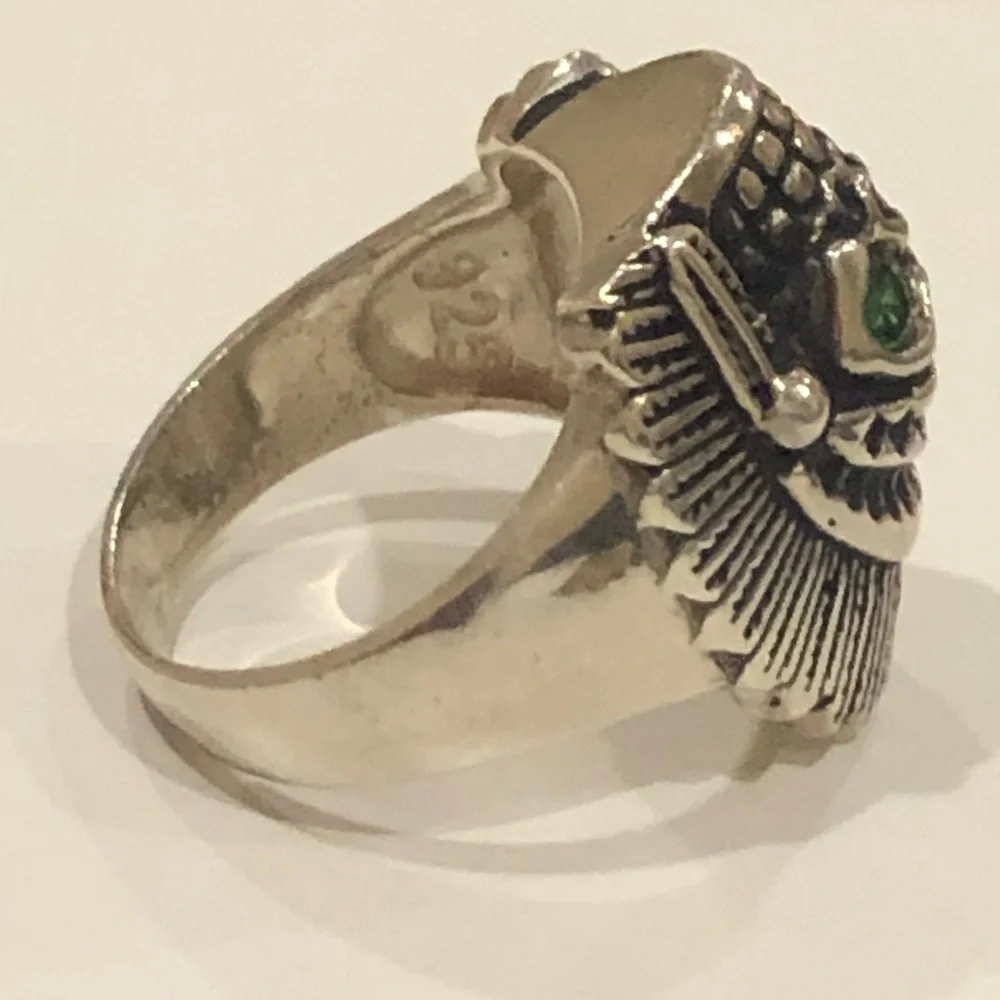 925 silver biker chief skull ring green cz eyes